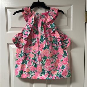 Lilly Pulitzer Pink and Green Floral Blouse Sleeveless Ruffled